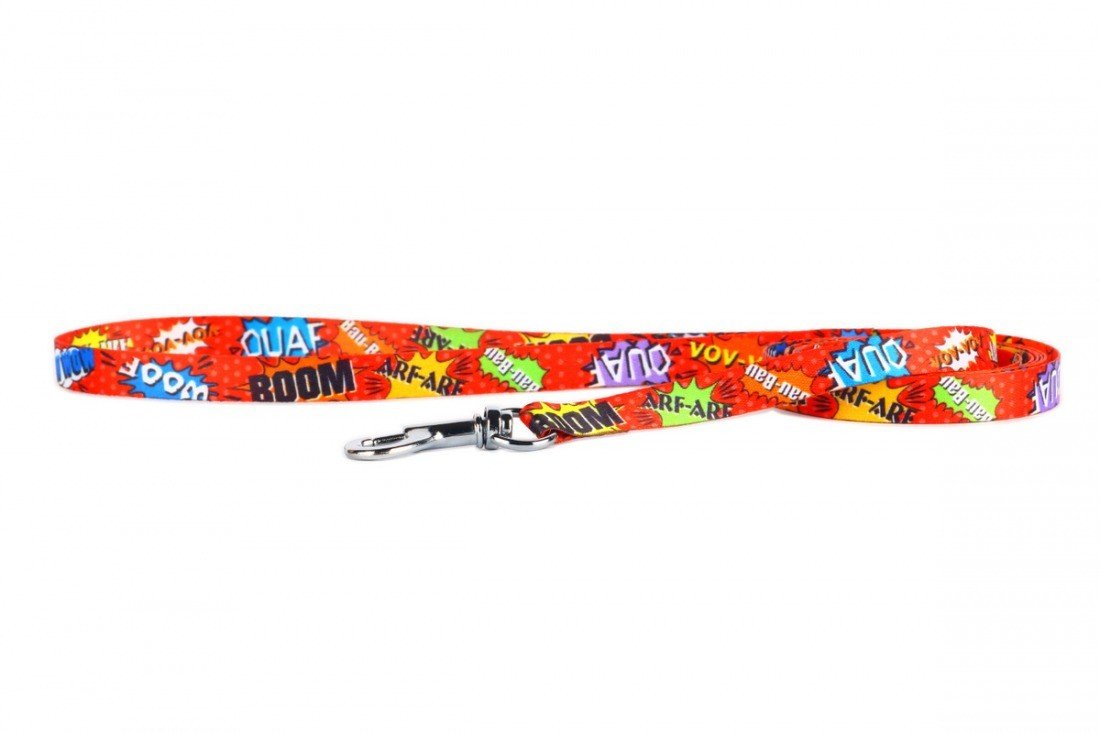2. Red graffiti dog leash with colorful text and strong carabiner, displayed on a white background