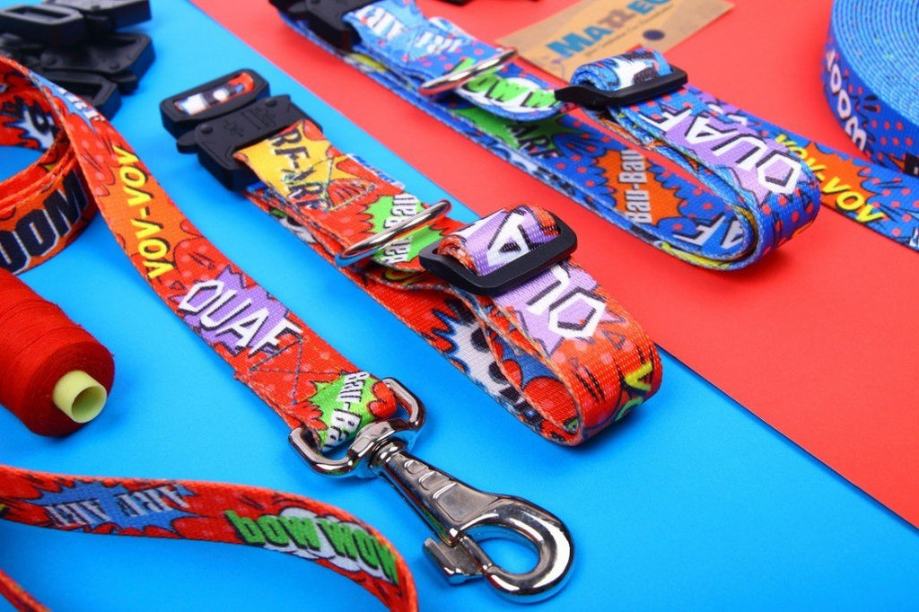 3. Close-up of red graffiti dog leash and collar with colorful text and metal carabiner on a blue and red background