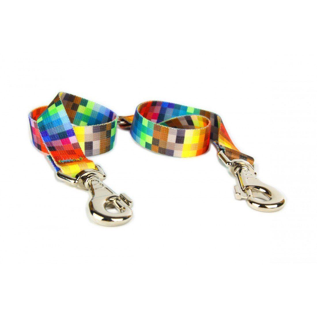 2. Matteo leash splitter with colorful pixelated graffiti pattern, featuring two metal clips on durable woven webbing, shown on a white background