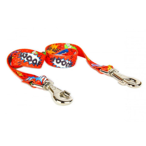 2. Red graffiti-patterned leash splitter with two metal clips, made of durable woven webbing, shown on a white background
