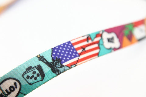 3. Close-up of Matteo leash splitter showing American flag and Statue of Liberty print