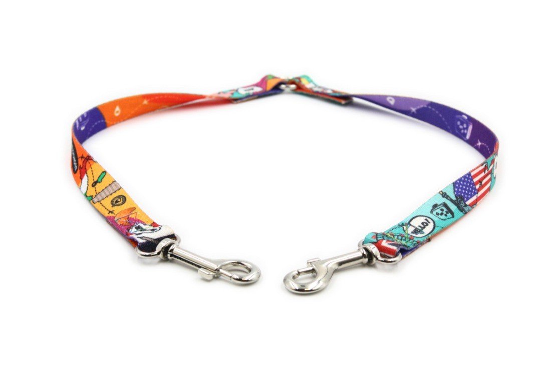 2. Matteo leash splitter with vibrant travel-themed design and dual metal clips in studio setting