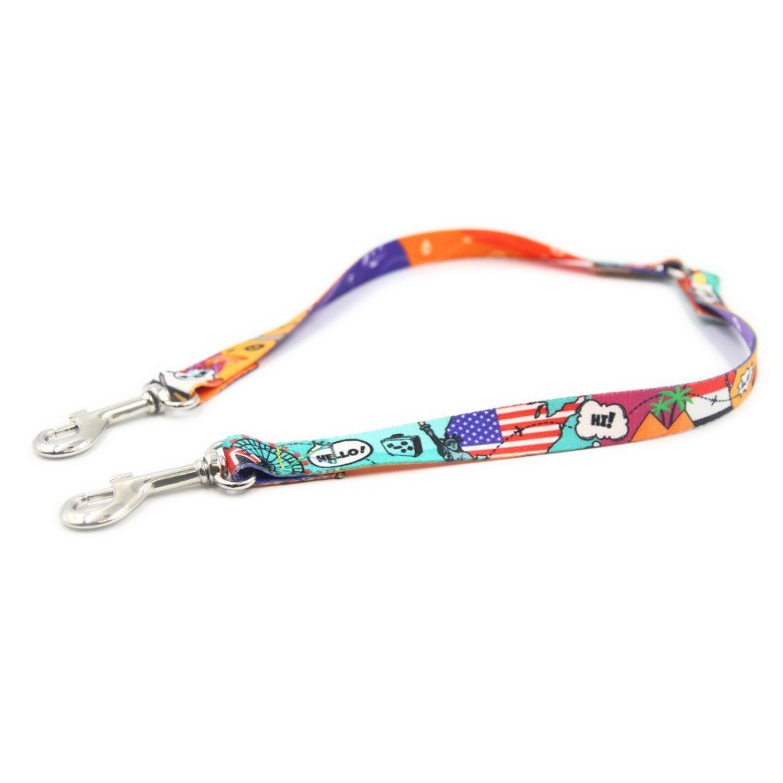 1. Colorful Matteo leash splitter with travel-themed print and metal clips on white background