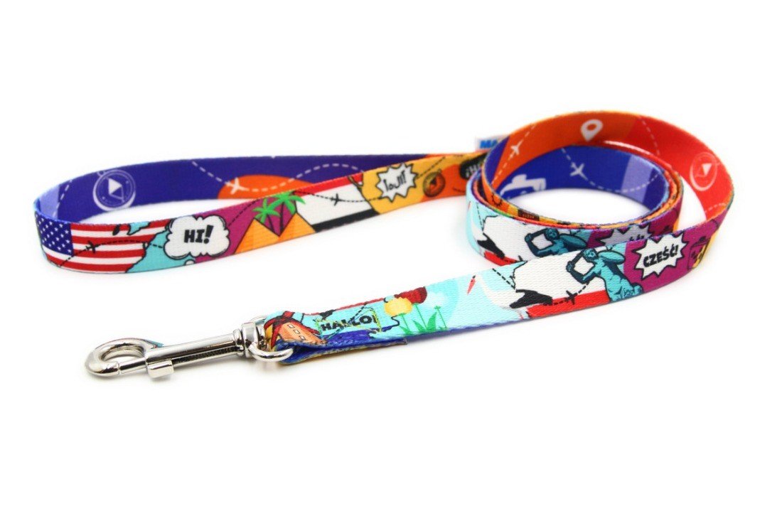 2. Matteo travel leash featuring vibrant travel-themed design and sturdy carabineer