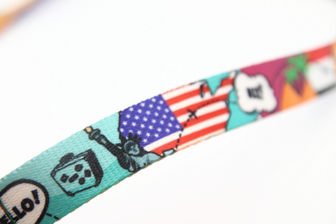 3. Close-up of Matteo travel leash showing Statue of Liberty and American flag pattern