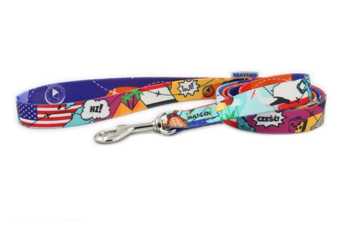 2. Matteo travel leash with colorful pattern and metal carabineer on white background