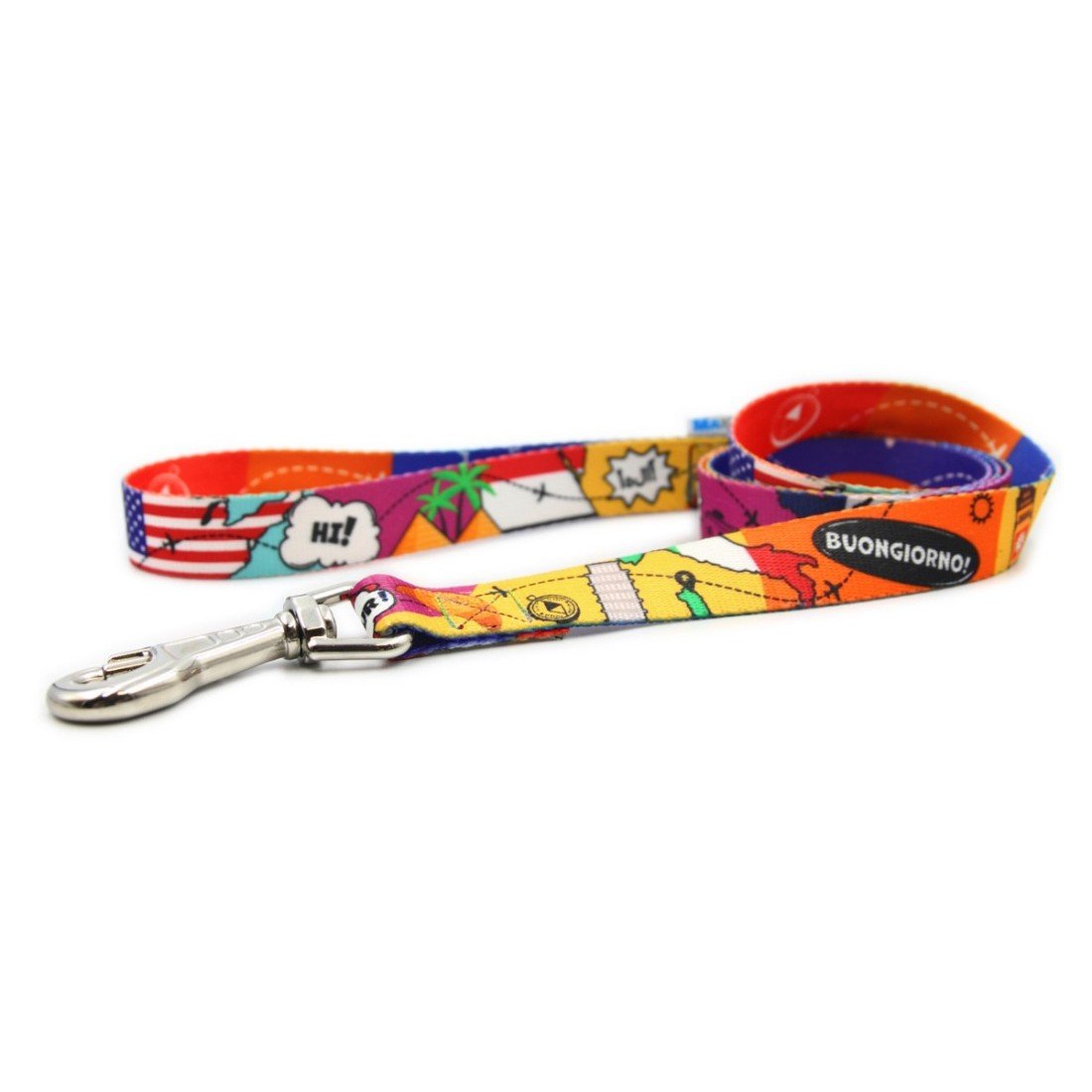 2. Matteo travel leash with colorful world landmarks pattern and durable carabineer on white background