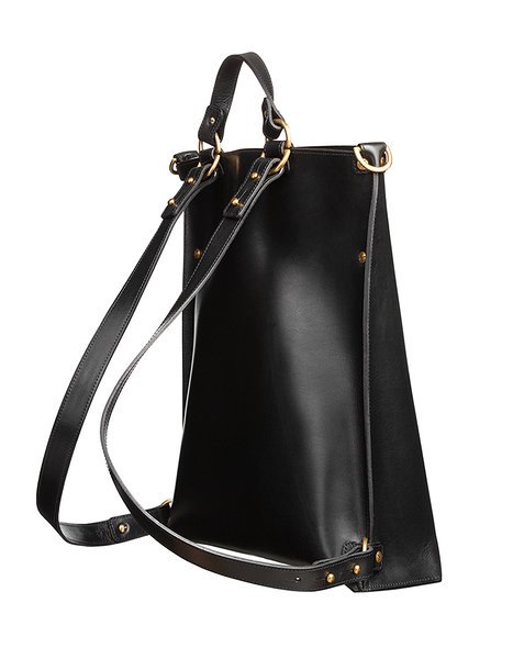 7. Black leather backpack by Stella Soomlais with gold hardware, shown from back with adjustable straps