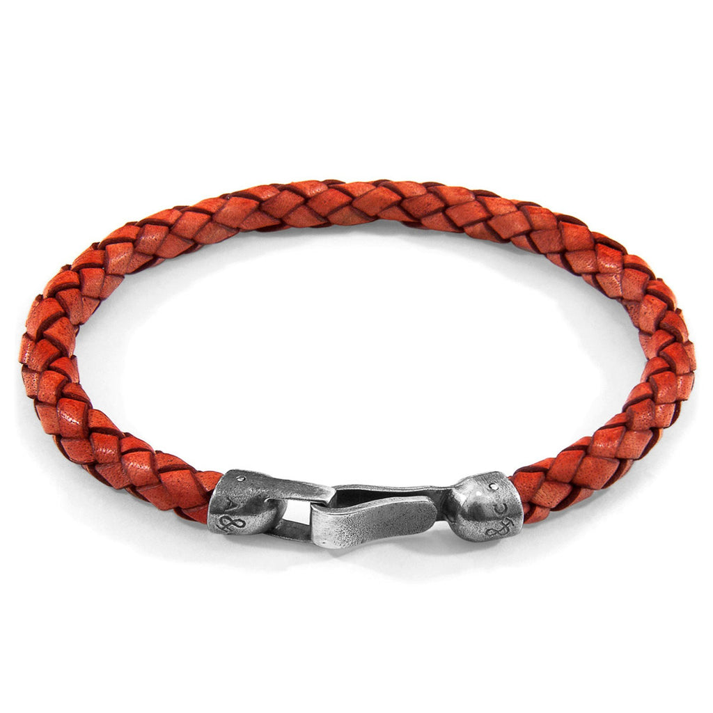 1. ANCHOR & CREW Skye Silver and Braided leather bracelet in amber red with .925 sterling silver clasp, studio shot