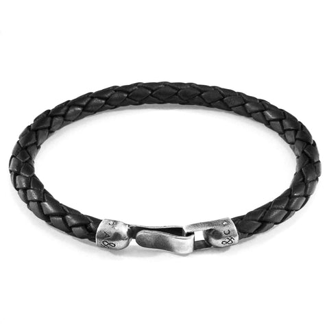 2. Studio image of ANCHOR & CREW black braided leather bracelet with silver clasp