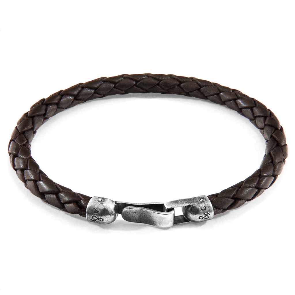 2. Studio image of ANCHOR & CREW cacao brown braided leather bracelet with silver clasp