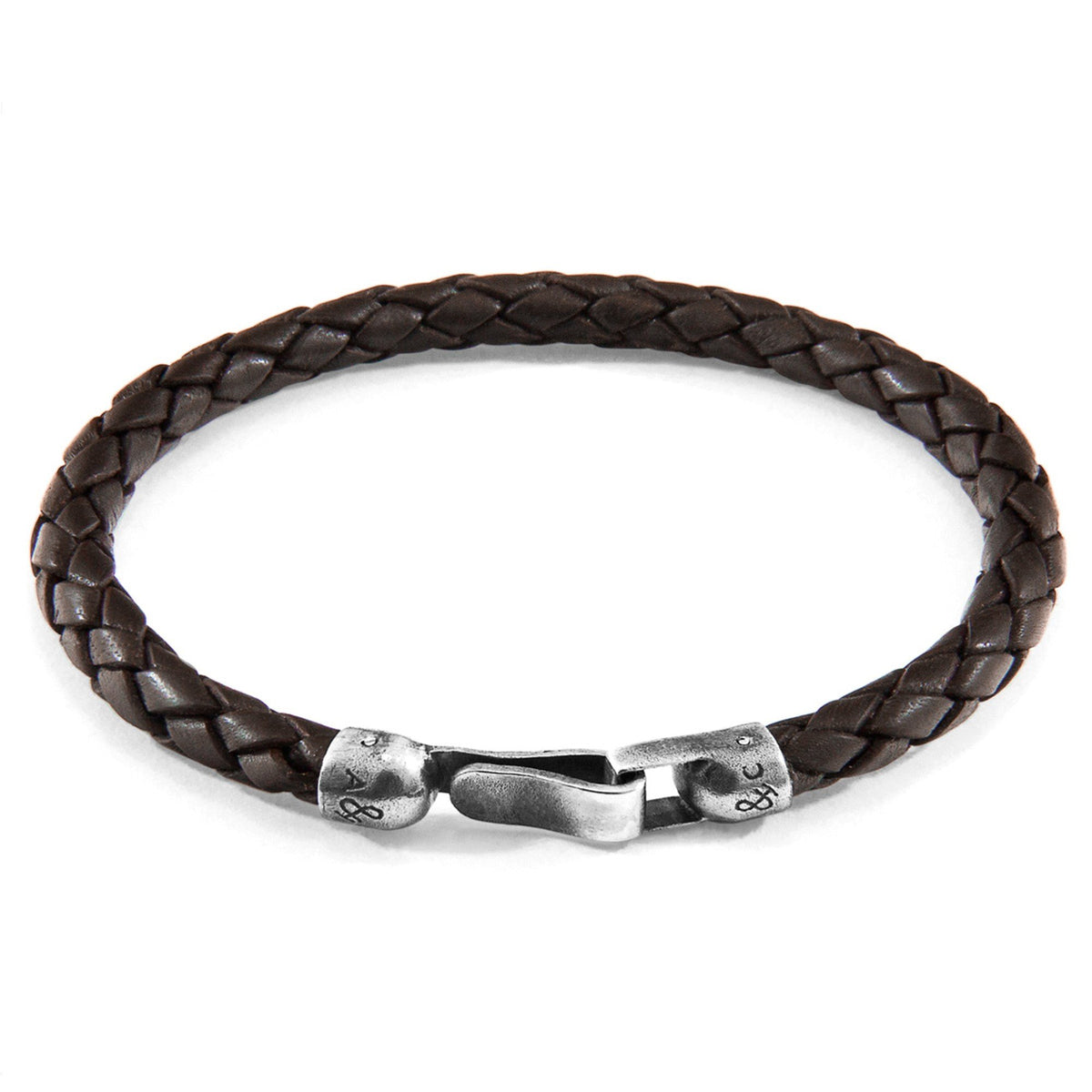 2. Studio image of ANCHOR & CREW cacao brown braided leather bracelet with silver clasp