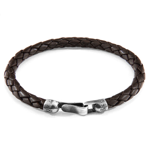 2. Studio image of ANCHOR & CREW cacao brown braided leather bracelet with silver clasp