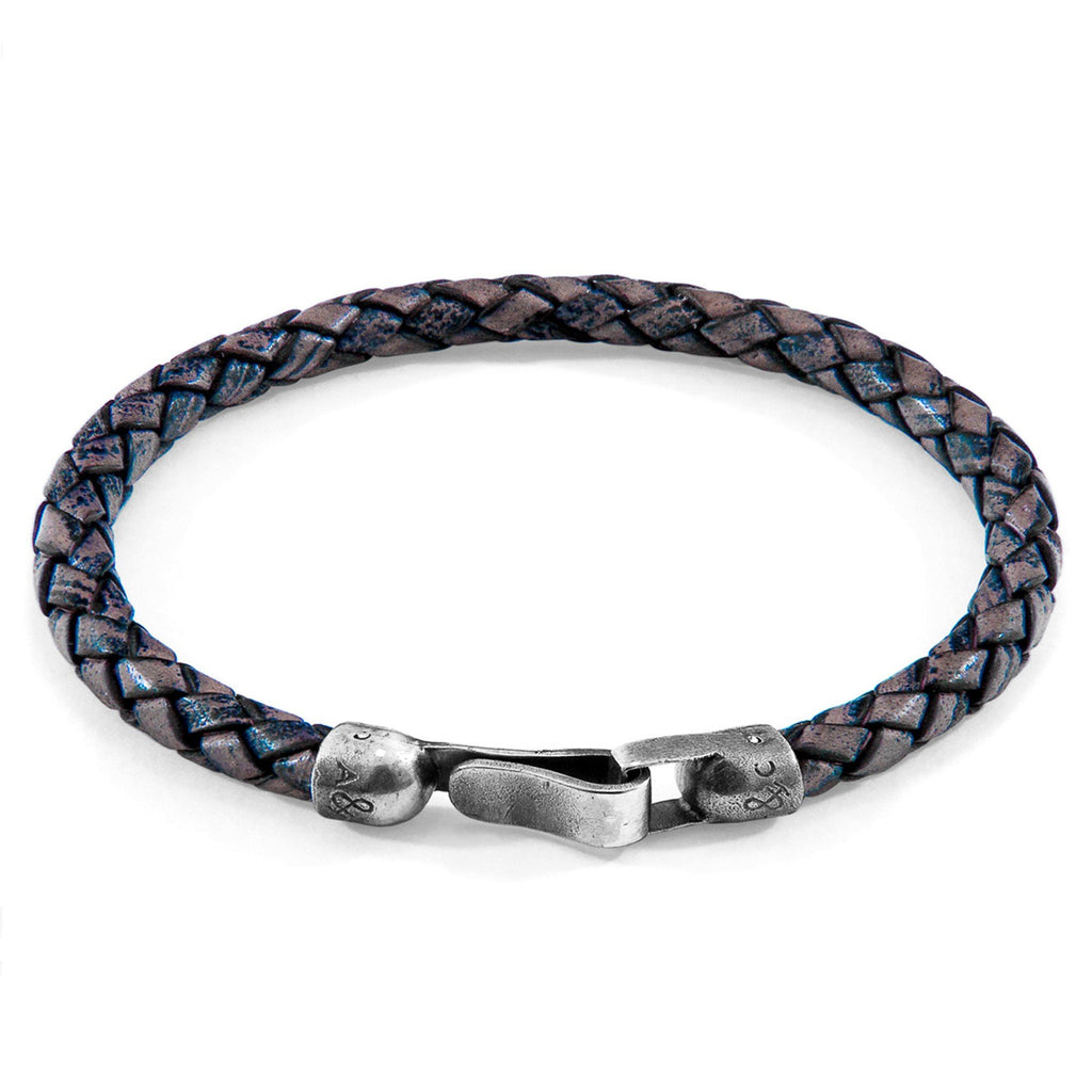 2. Studio image of ANCHOR & CREW indigo blue braided leather bracelet with sterling silver clasp