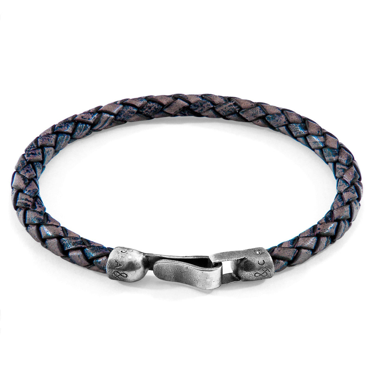 2. Studio image of ANCHOR & CREW indigo blue braided leather bracelet with sterling silver clasp