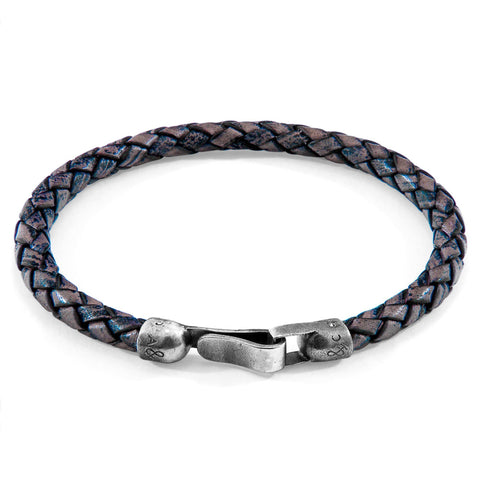 2. Studio image of ANCHOR & CREW indigo blue braided leather bracelet with sterling silver clasp