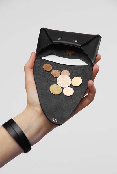 3. Hand holding open black leather coin pouch with visible coins