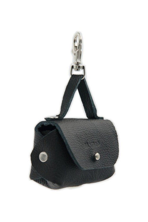 1. Black leather dog waste bag dispenser with metal snap hook and eyelet, shown in studio setting