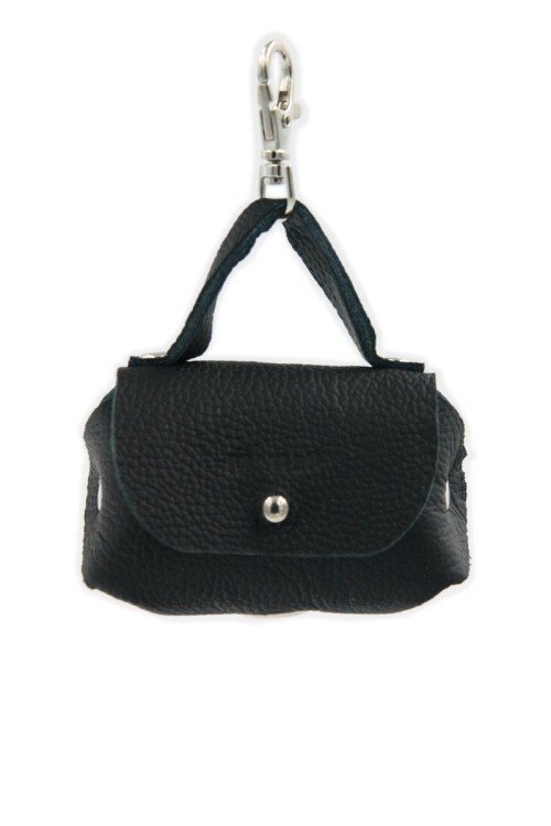 3. Front view of black leather dog waste bag dispenser with metal snap closure and hook