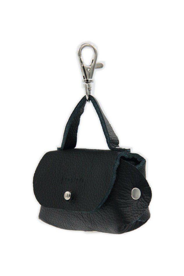 4. Black leather dog waste bag dispenser with snap hook and metal eyelet, angled view