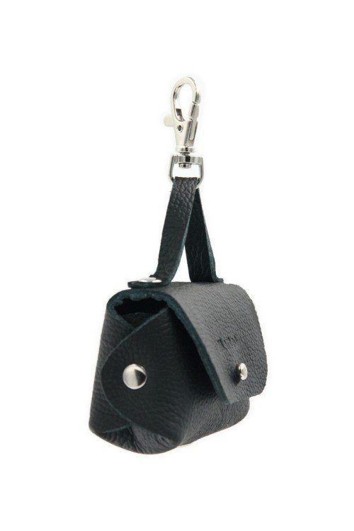 2. Side view of black leather dog waste bag dispenser with durable snap hook and metal eyelet