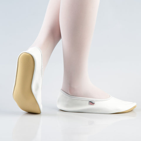 1. Women's white leather gymnastics slippers by Hip-Hop, shown in studio with rubber sole and ridge for secure fit