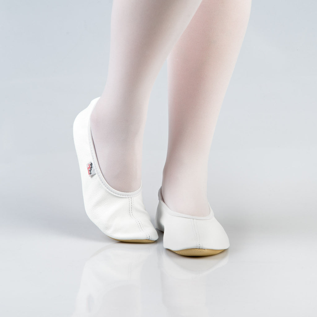 2. Side view of women's white leather gymnastics slippers by Hip-Hop, highlighting rubber sole and snug fit