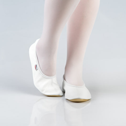 2. Side view of women's white leather gymnastics slippers by Hip-Hop, highlighting rubber sole and snug fit