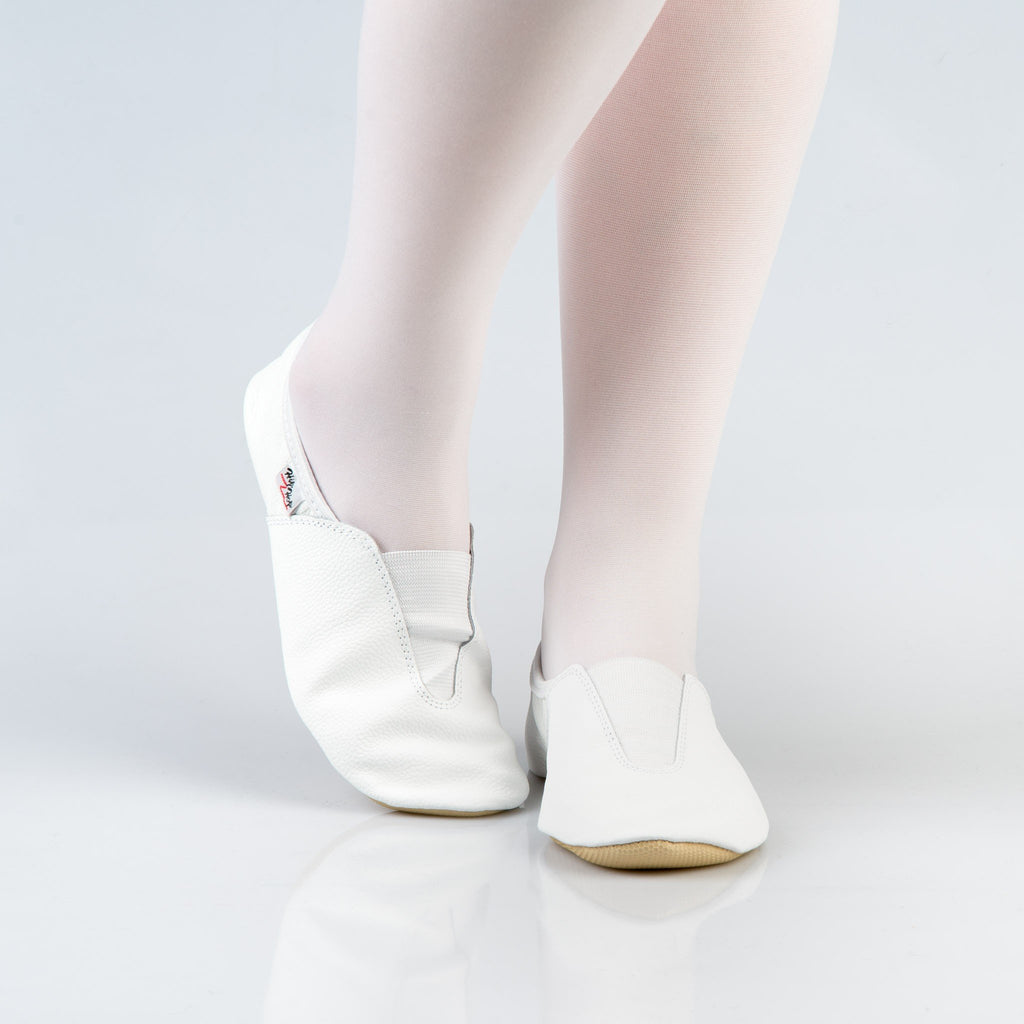 2. Women's white leather gymnastics slippers with rubber sole, shown from the front in studio setting