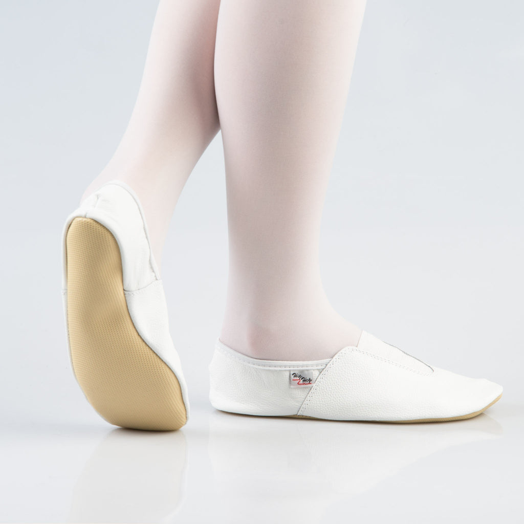 1. Women's white leather gymnastics slippers with rubber sole detail, shown from the side and back in studio setting