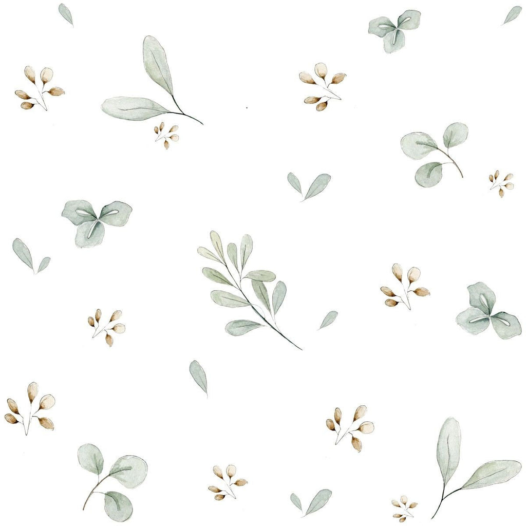 3. Close-up of Dekornik Leaves Minimini wallpaper with delicate green leaves and small flowers on matte paper