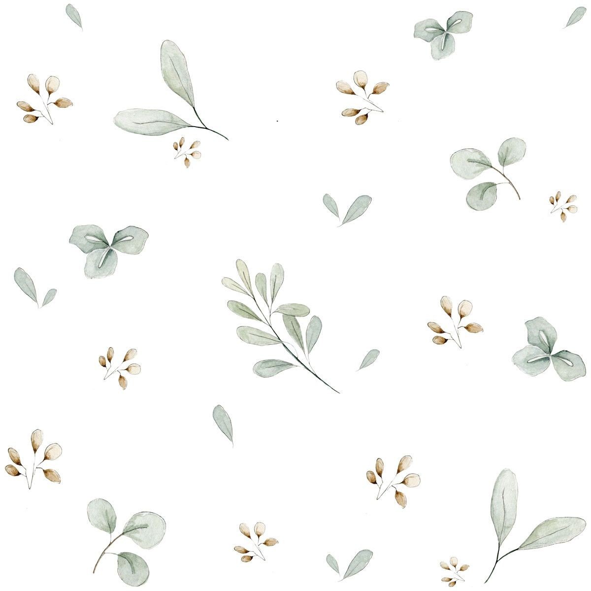 3. Close-up of Dekornik Leaves Minimini wallpaper with delicate green leaves and small flowers on matte paper