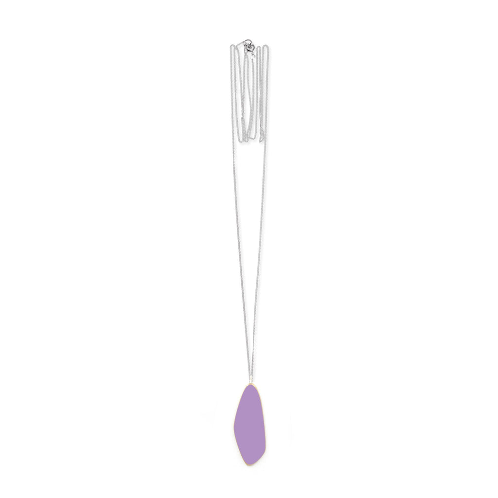 2. Studio image of Lisa Kroeber Jewellery Leaves Small Necklace in purple, featuring a long silver chain and powder-coated brass pendant