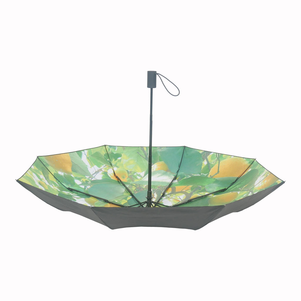8. Lemon print umbrella open from side view, highlighting vibrant design and black handle