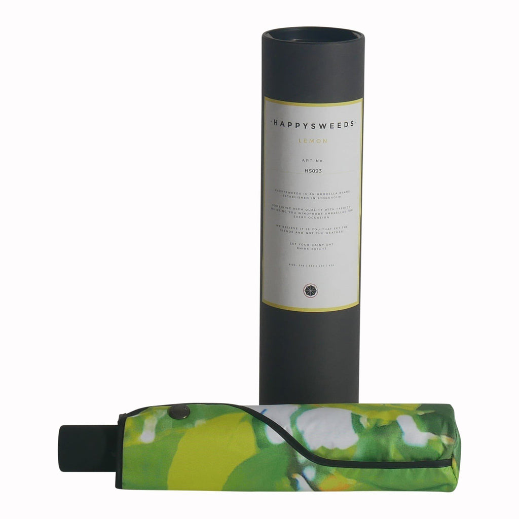 2. Lemon umbrella in protective case with HAPPYSWEEDS branding, black and lemon print design