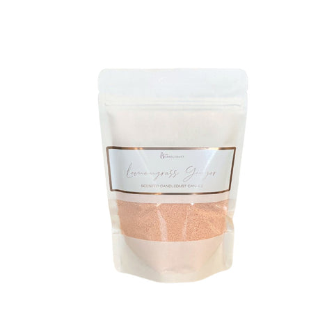 1. Candledust Powdered Candle Refill Kit in lemongrass ginger scent, 330g pouch, featuring eco-friendly packaging