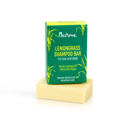 2. Nurme Lemongrass Shampoo Bar for sensitive scalp with green packaging and bar on white background