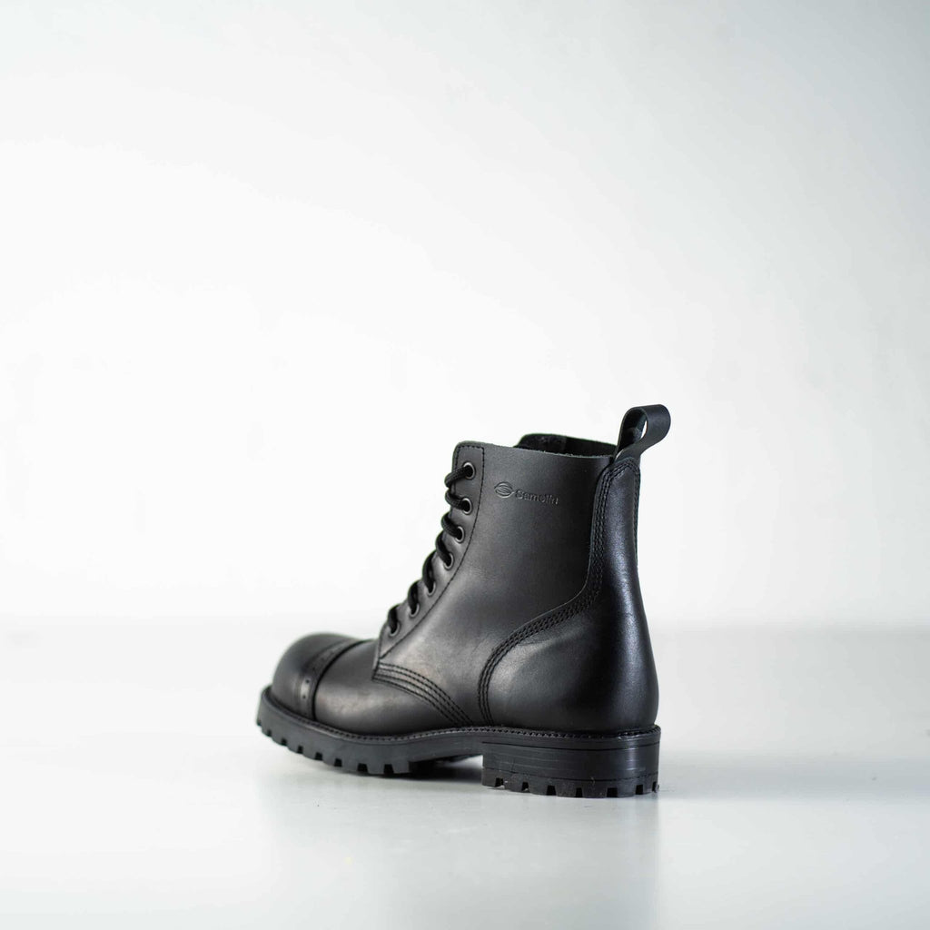 6. Studio shot of Samelin 517 Aviator Boots in black, angled view highlighting leather texture