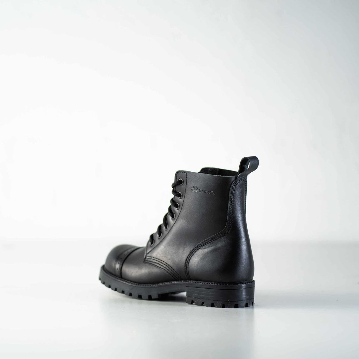 6. Studio shot of Samelin 517 Aviator Boots in black, angled view highlighting leather texture