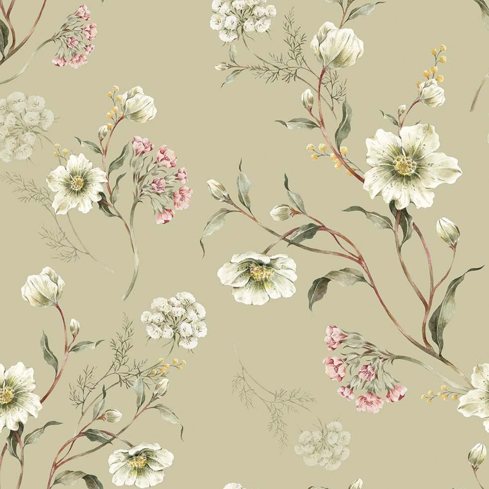 1. Light green wallpaper with delicate floral pattern featuring hellebores, primroses, and mimosas on matte paper by Dekornik