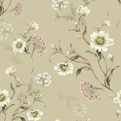 1. Light green wallpaper with delicate floral pattern featuring hellebores, primroses, and mimosas on matte paper by Dekornik