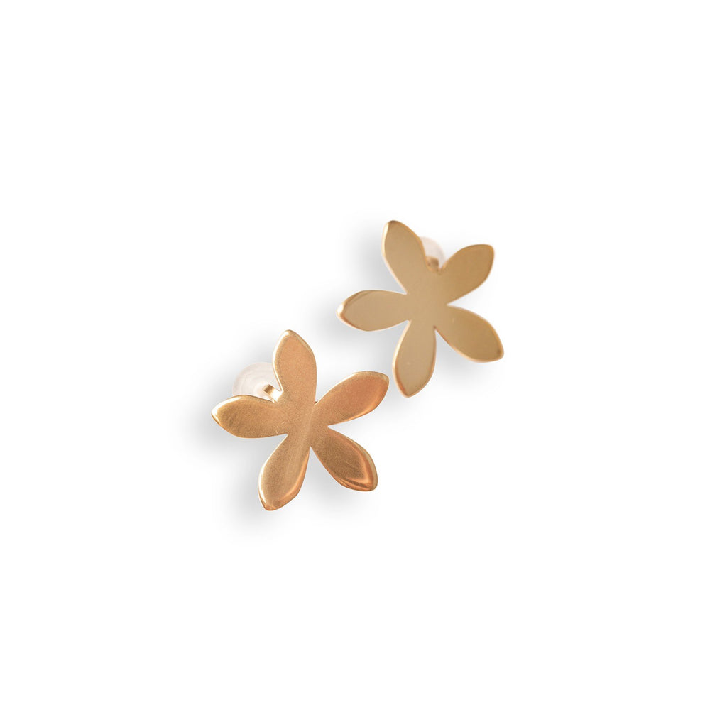 2. Pair of Lentsius Sunlit earrings with flower design in polished gold-tone stainless steel on white background