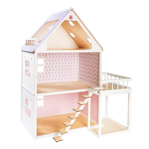 2. White and pink dollhouse with attached balcony and stairs, featuring floral wallpaper and open roof design