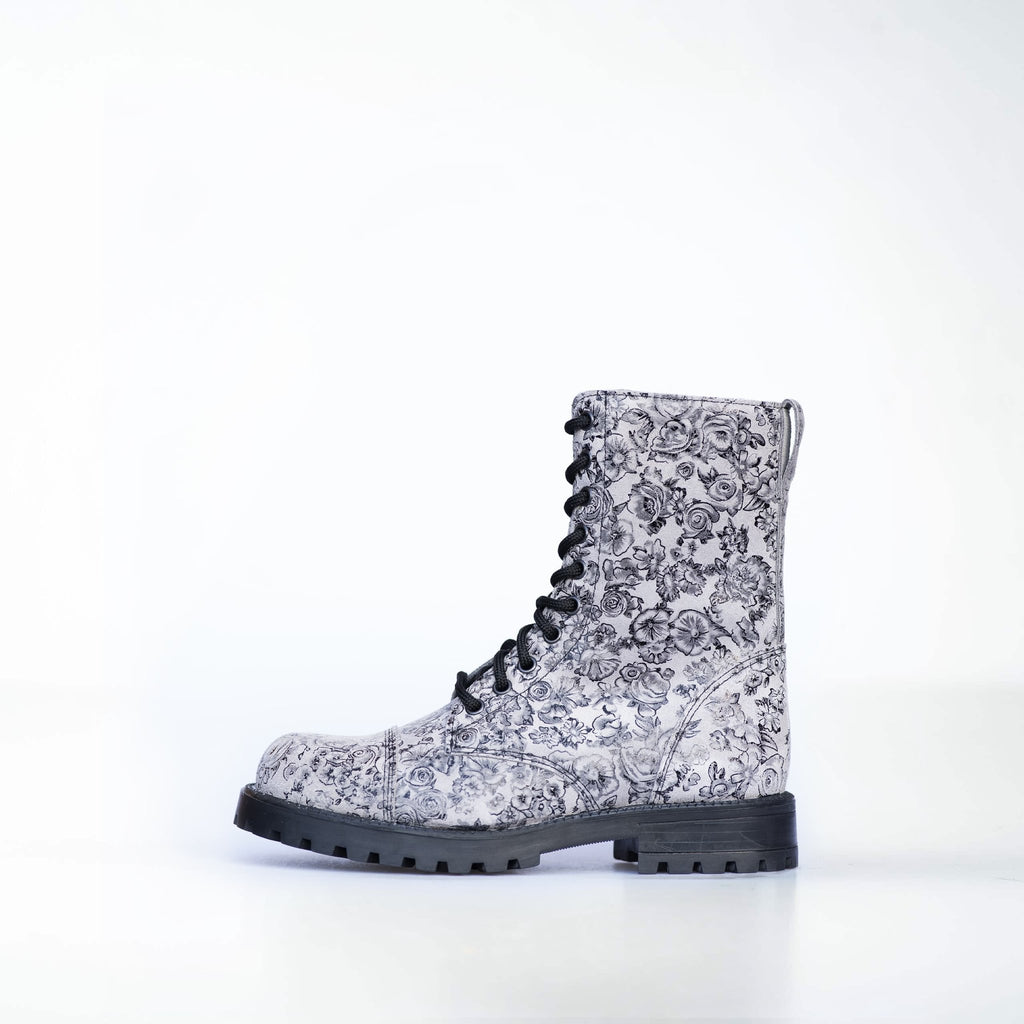 4. Profile view of Samelin 511 Gray Flower boots with detailed floral print and black laces