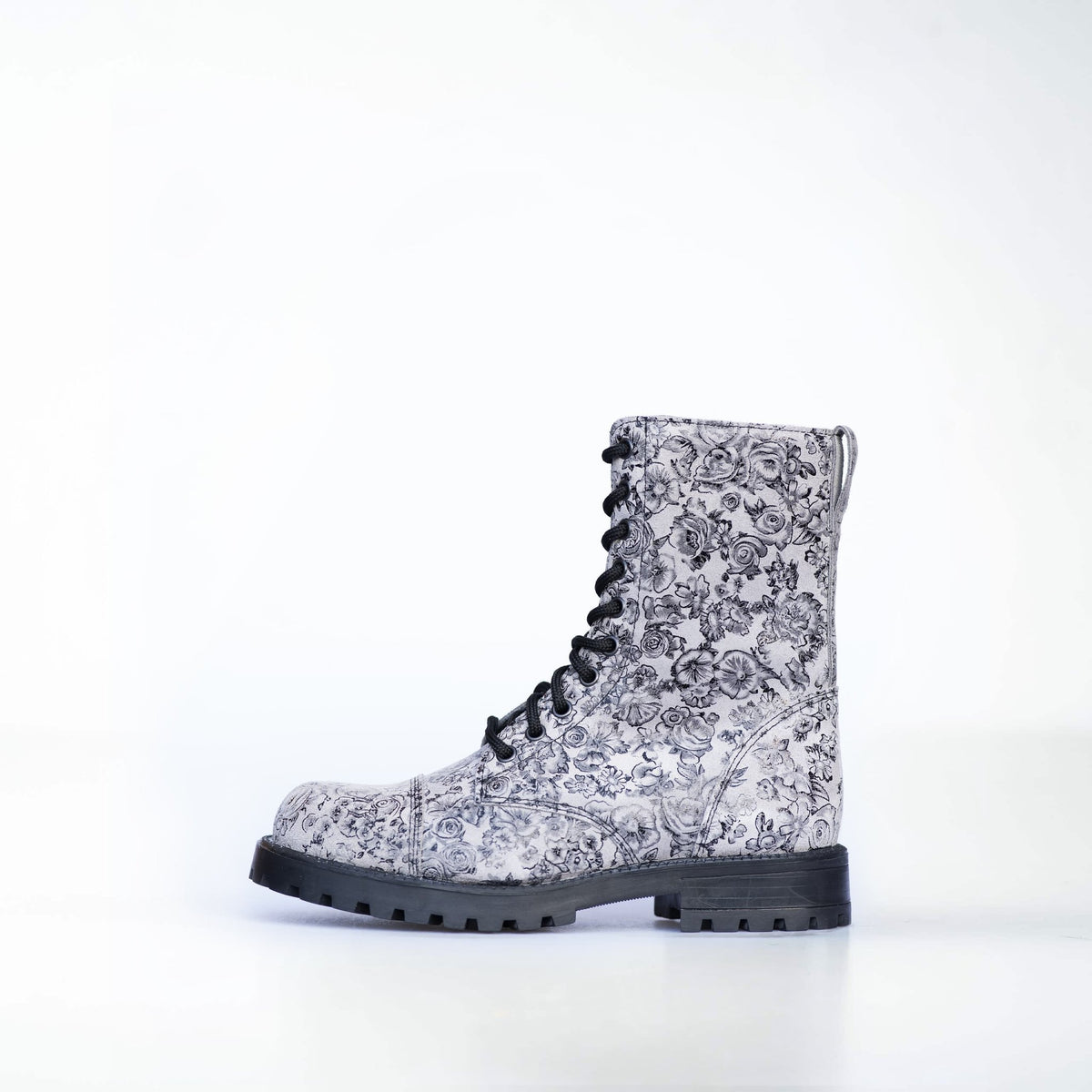 4. Profile view of Samelin 511 Gray Flower boots with detailed floral print and black laces