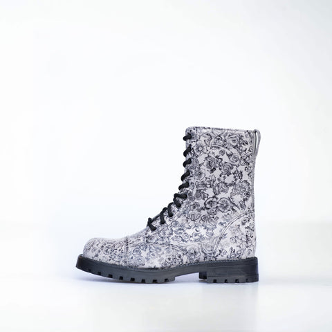 4. Profile view of Samelin 511 Gray Flower boots with detailed floral print and black laces