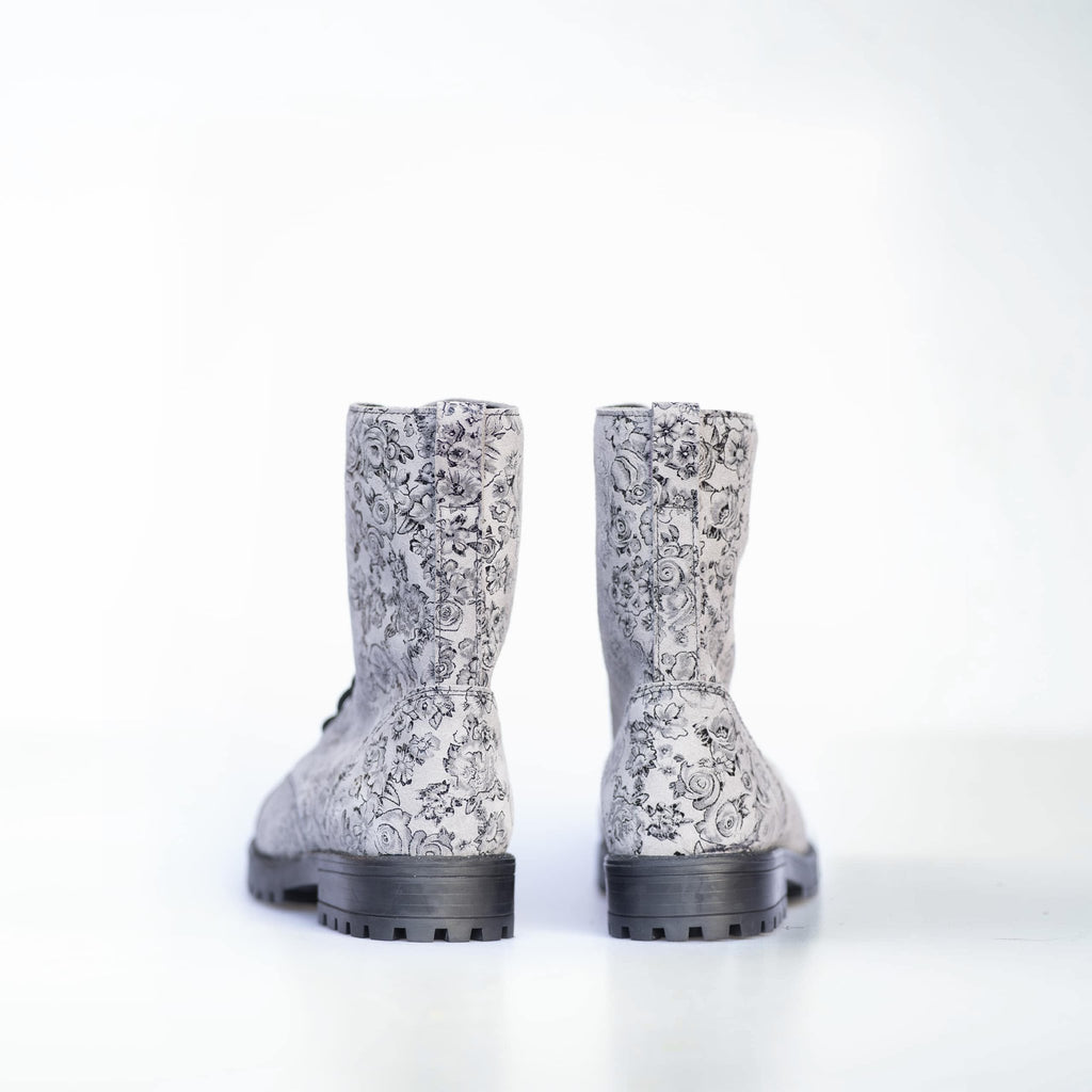 3. Back view of Samelin 511 Gray Flower boots displaying intricate floral design and sturdy construction