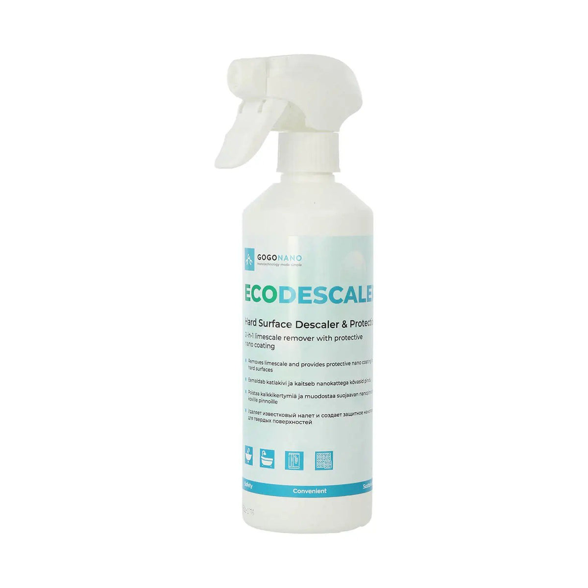 1. GoGoNano EcoDescaler 500ml bottle with spray nozzle on white background, showing front label with product details