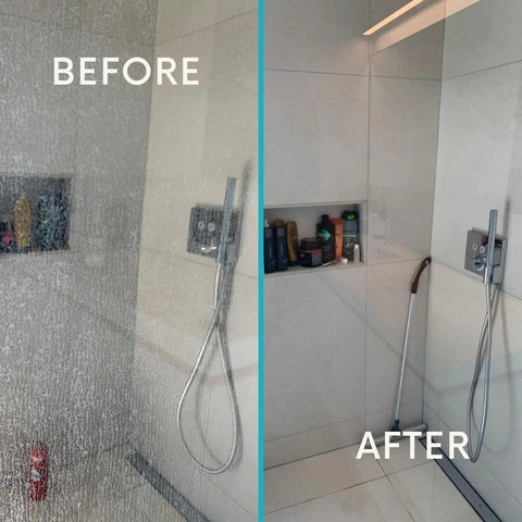 2. Before and after comparison of shower screen cleaned with GoGoNano EcoDescaler, showing removal of limescale
