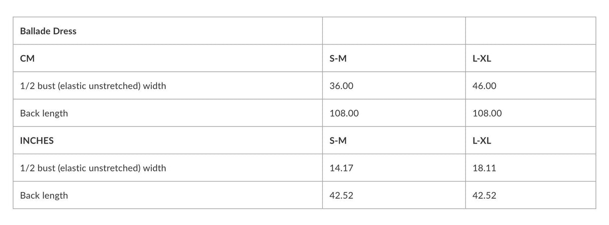 5. Size chart for Linen Tales Ballade dress showing measurements in centimeters and inches for sizes S-M and L-XL